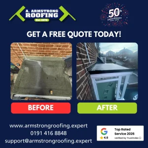 Before and after graphic showing a roofing repair project with free quote call to action